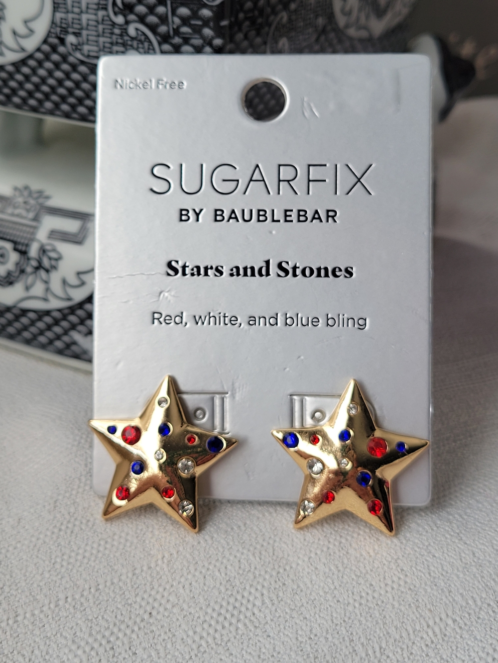 SugarFix by BaubleBar Gold Star Earrings with Red, White & Blue Stones
